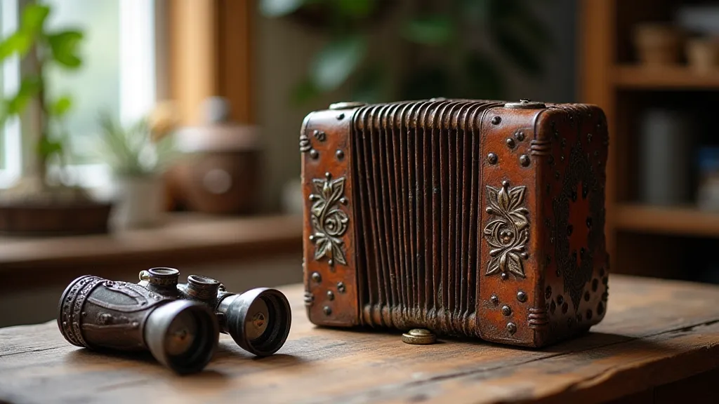 Vintage accordion and binoculars