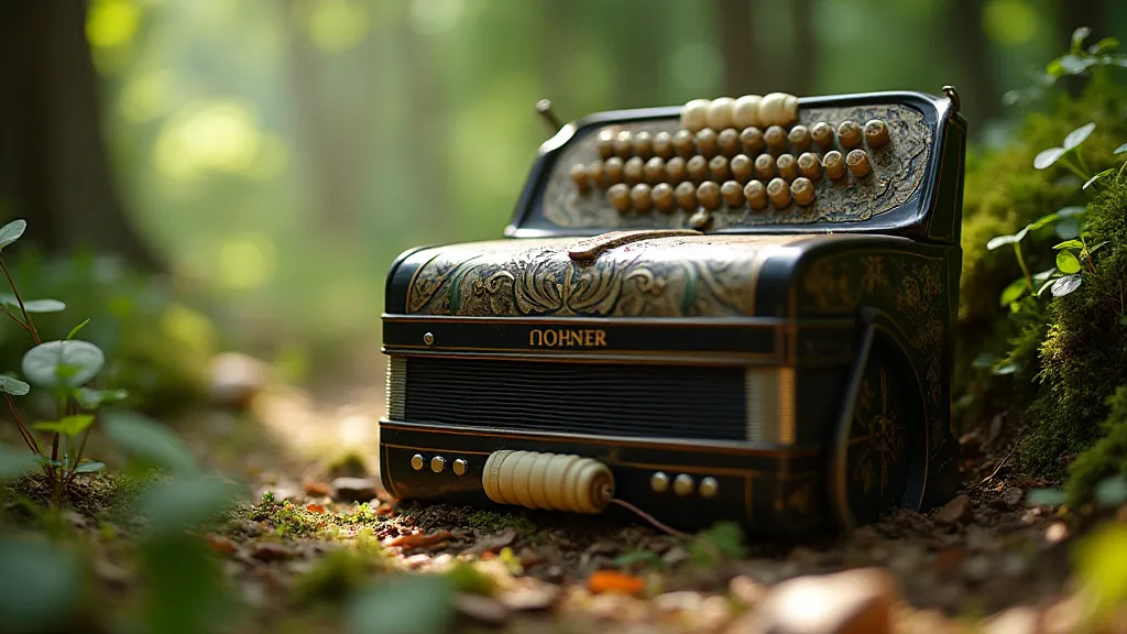 Vintage accordion in a forest setting