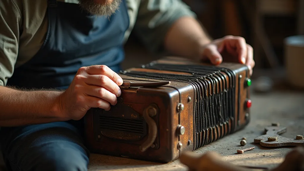 Artisan repairing accordion bellows
