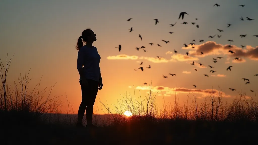 Person watching birds at sunset
