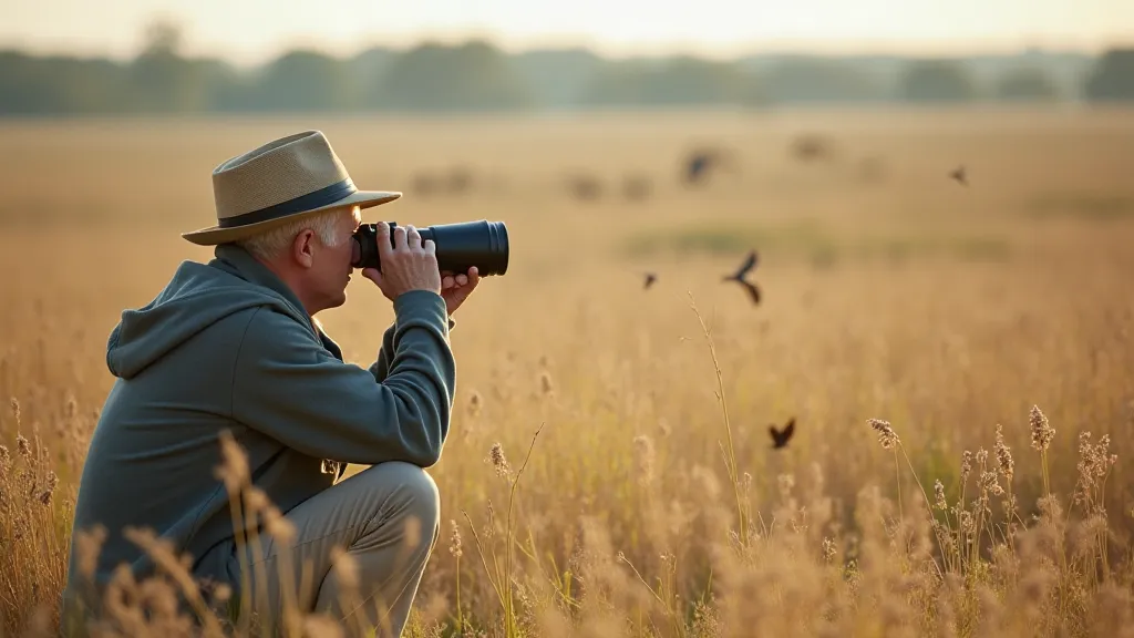 Birdwatcher observing birds in a field