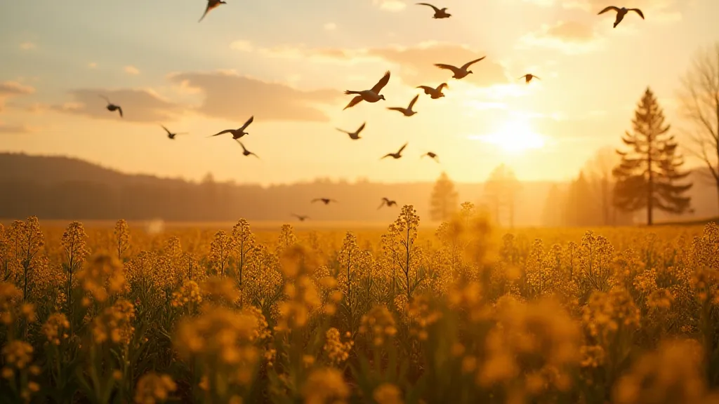 Migrating geese flying over a field