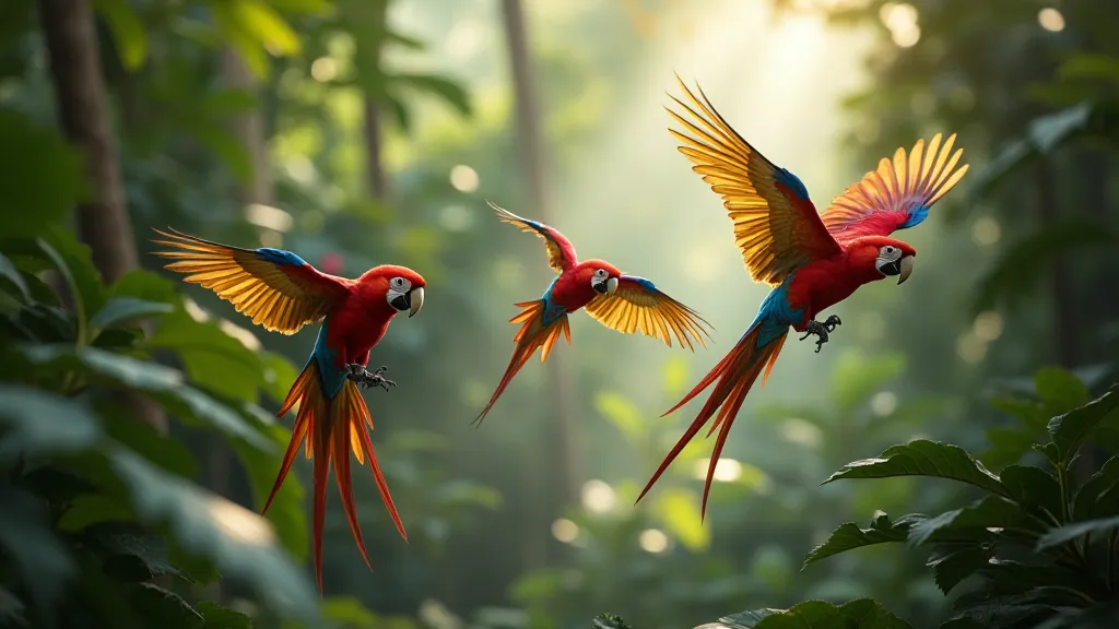 Scarlet Macaws in rainforest