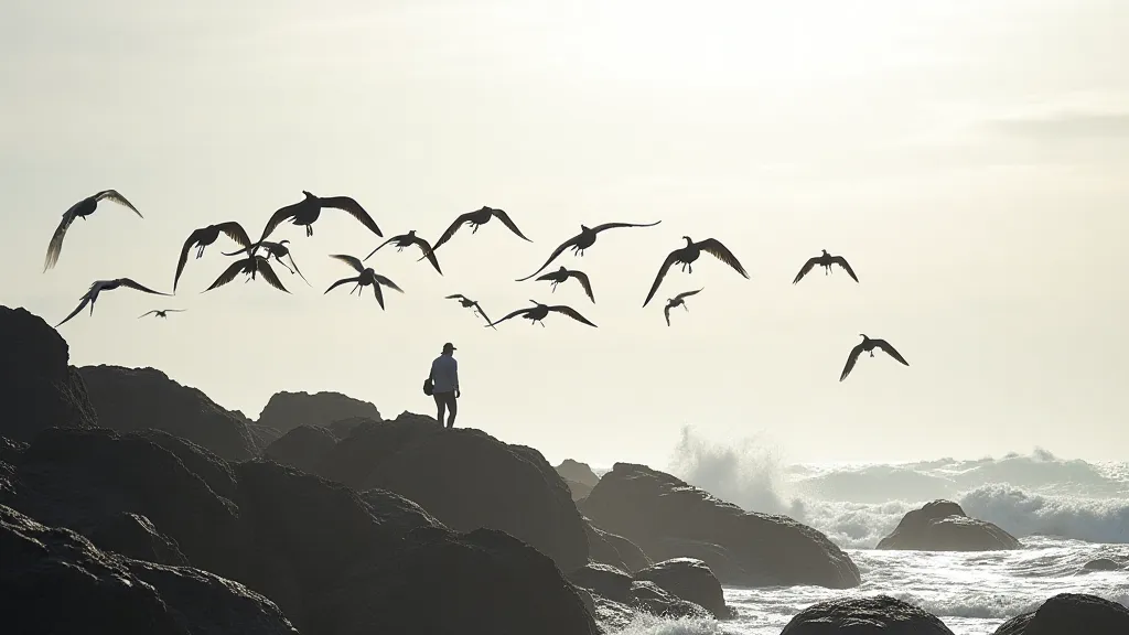 Seabirds flying over the ocean