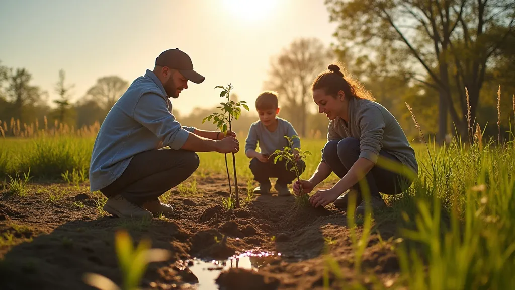 Volunteers planting trees in a restored wetland